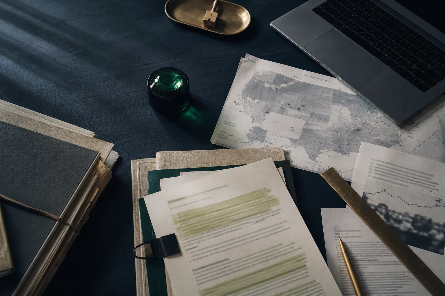A policy research desk with reports, a map, and a laptop
